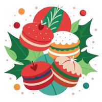 Festive christmas macarons in abstract arrangement. flat lay vector