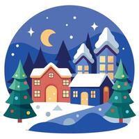 Enchanting Snow-covered Christmas Village with Festive Evening Lights vector