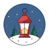 Christmas lantern on snow with fir branch in evening scene vector