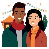 Portrait of diverse couple looking at camera smiling at christmas market. vector