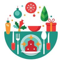Christmas table setting with dishware. silverware and decorations on festive table. vector