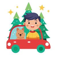 Smiling little boy sitting in the car with his dog and looking at christmas trees vector