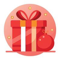 Gift box with red ribbon and red christmas ball in front of bokeh red background. vector
