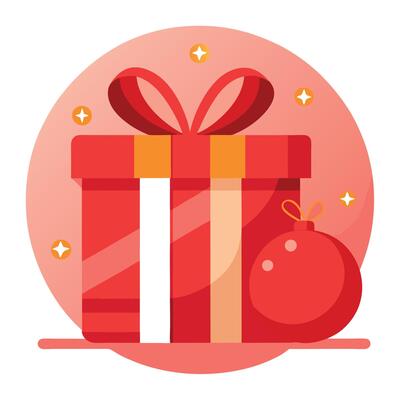 Gift box with red ribbon and red christmas ball in front of bokeh red background.