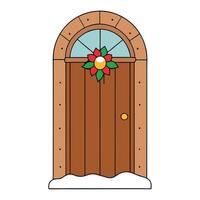 Wooden front door with christmas wreath and snow on it vector