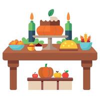 Thanksgiving table with pumpkin, apples, and other food vector