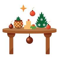 A wooden table topped with lots of christmas ornaments and pine cones. vector