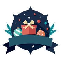 Dark banner with christmas baubles and gift box with bow with space for text. vector
