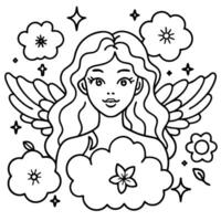 Winged girl with long wavy hair adorned with white flowers. Dreams and imagination. vector