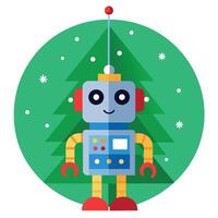 Christmas toy robot hanging on a christmas tree. green background vector