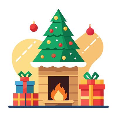View of nice white christmas decorated fireplace and christmas tree.