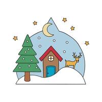 Paper cut christmas with house tree reindeer and and moon on white snow winter background vector