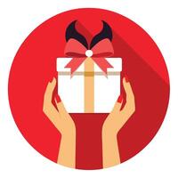 Top down view of a woman hands holding a luxury gift box with bow against a red background vector