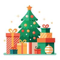 Various christmas presents under a christmas tree with ornaments. copy space. vector
