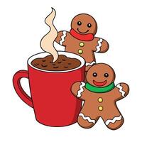Gingerbread christmas cookies near to hot steaming cacao in colorful funny christmas mug. vector