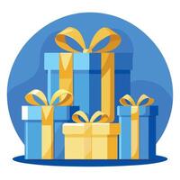 Gift boxes with gold ribbons on blue background with copy space vector