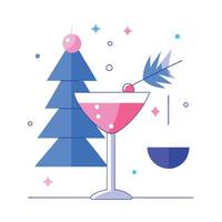 Cocktail on white table. christmas tree and lights on background blue and pink. pastel created with vector