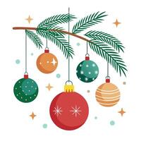 White background with Christmas tree branches and ornaments vector