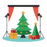 Christmas tree and gifts on stage with lights vector