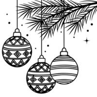 Decorative christmas baubles hanging from snowy fir branch. Bokeh background. vector