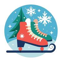 Vintage ice skates on a festive winter backdrop for Christmas and New Year vector