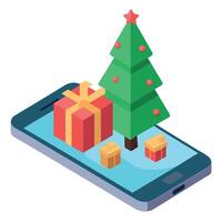 Smartphone with christmas tree and gifts on screen. 3D rendering. Merry Christmas concept. vector