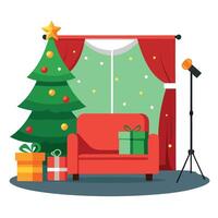 Beautiful christmas set backdrop for photo studio. sofa. christmas tree and presents vector