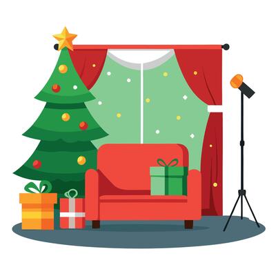 Beautiful christmas set backdrop for photo studio. sofa. christmas tree and presents