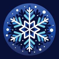A snowflake is shown in the dark with snow flakes on it's sides and a blue background. vector