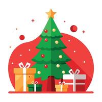 Red christmas background with decorated christmas tree and presents vector