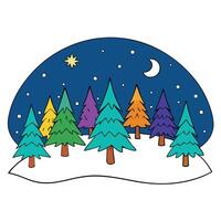 Christmas illustration. winter night forest with colorful trees and nature. vector