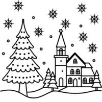Christmas tree in the city - european village - snowflakes in the winter at christmas vector