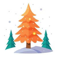 Orange christmas tree in the snowy winter forest with copy space vector