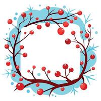 Snow-covered board frame framed by branches with red berries covered in frost. Copy space. vector