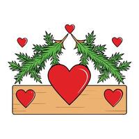 Christmas holiday evergreen pine branches and red hearts wood background with copy space vector