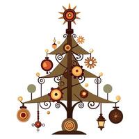 Steampunk christmas tree. creative metal tree with crazy ornaments and branches. vector
