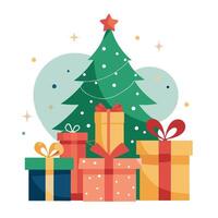 Hand wrapped gifts under Christmas tree background with empty space for text vector