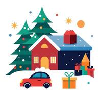 A painting of a christmas scene with a house and a car in the snow with presents on the ground. vector