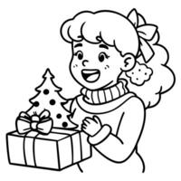 Happy cute girl is surprised in opening his christmas presents. Merry Christmas theme. vector