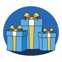 Gift boxes with gold ribbons on blue background with copy space vector