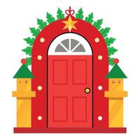 Red door with christmas garland around the door with royal nutcrackers on either side of the door. vector