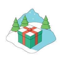 Gift box and christmas trees in snowy landscape 3d rendering vector