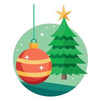A Christmas ball hangs on a Christmas tree. Merry christmas and happy new year concept. vector