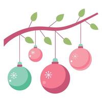 A pink background with christmas ornaments hanging from a tree branch. vector
