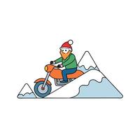 Man riding a motorcycle on a snowy mountain at christmas time vector