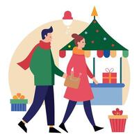 Enjoying Christmas Market. a couple walking near stalls vector