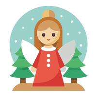 Wood figurine of an christmas angel in front of an bokeh background with a christmas tree. vector