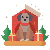 Dog sitting in front of a fireplace with Christmas stockings . allow copy space. christmas banner vector