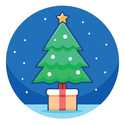 Portrait Christmas tree with gift box on the blue glitter background