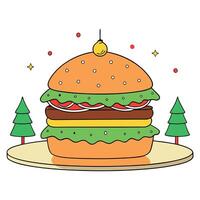 Huge festive burger sandwich on the festive table with christmas tree and lights in the background. vector